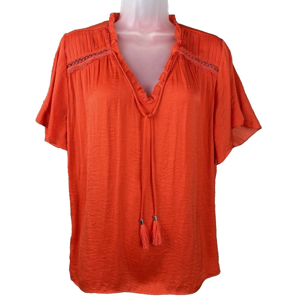 Philosophy Republic Orange Flutter Sleeve Blouse XL Ruffled V-Neck Crochet +Ties